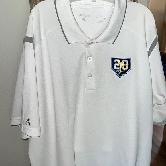 Men’s Antigua MLB White Tampa Rays 20th Anniversary Dri‎ Fit Polo sz XL - Picture 1 of 6